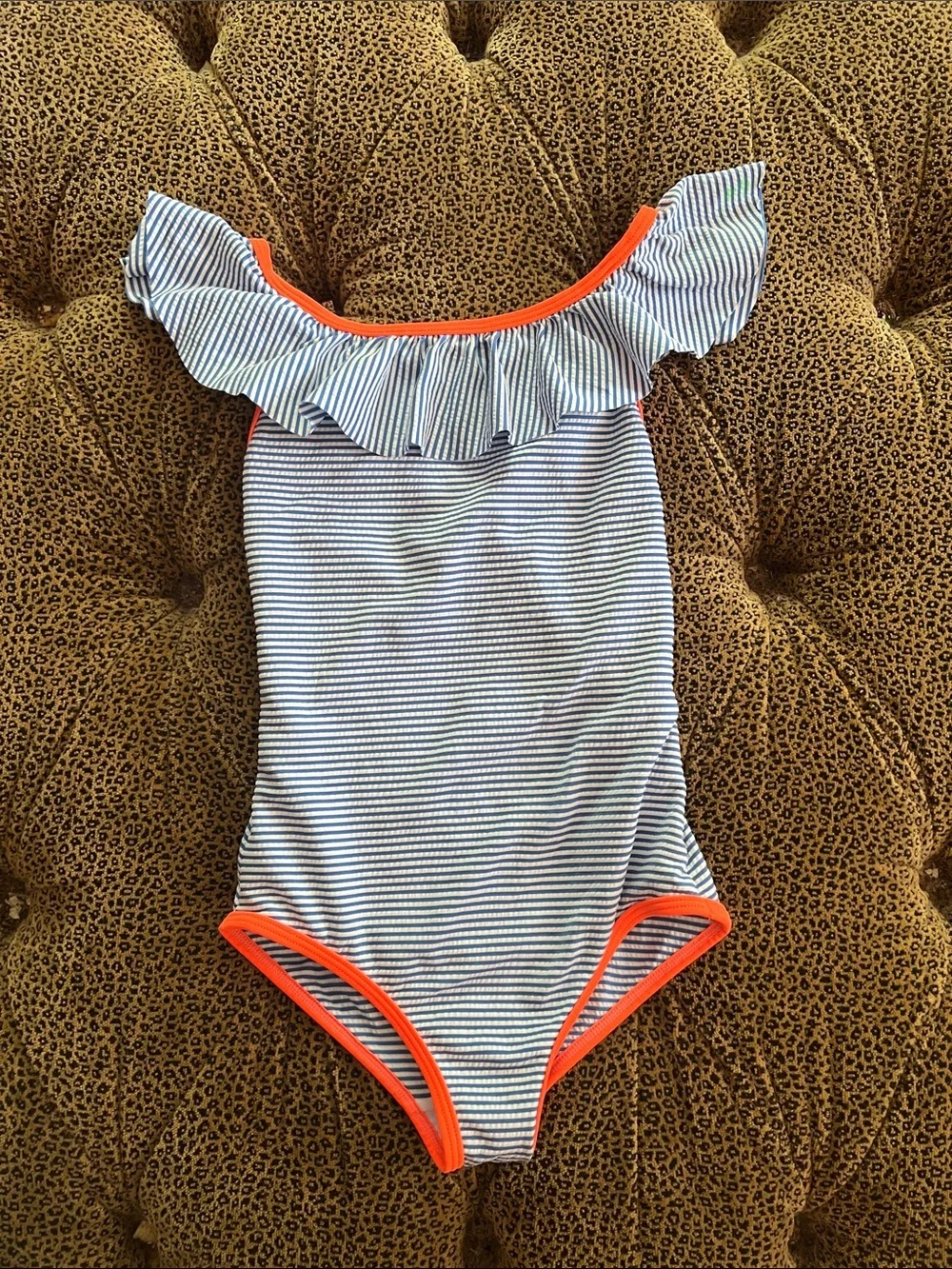 Mini Boden Girls One-Piece Swim - Navy & White Stripes with Orange Trim